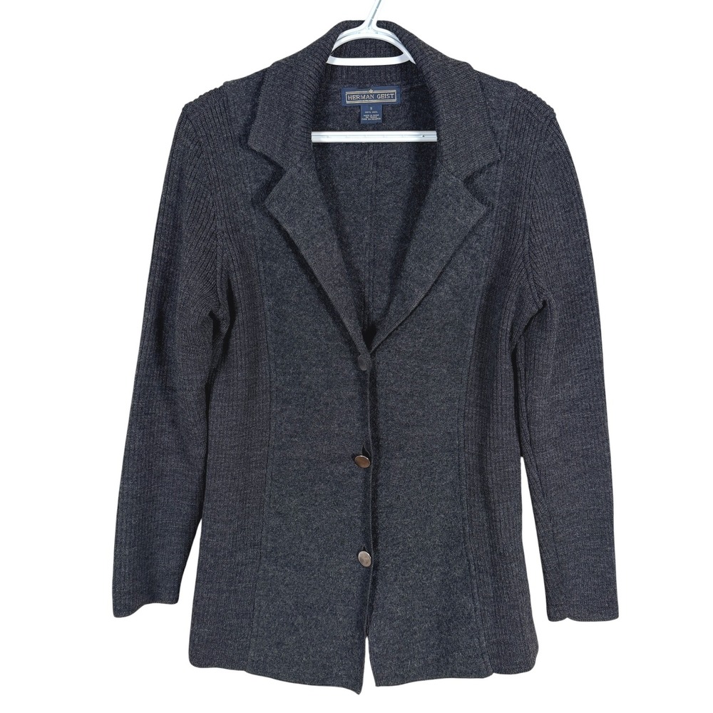 Herman Geist‎ 100% Wool Cardigan Sweater Womens S Charcoal Grey 3-Button Jacket
